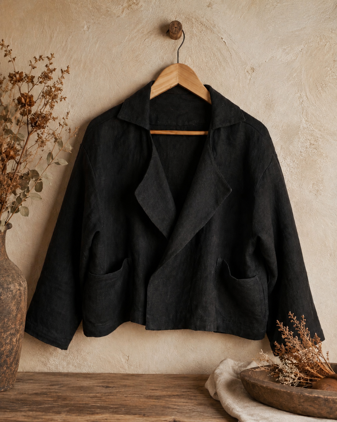 "Otama" Black pure Linen Cropped Blazer Size 16